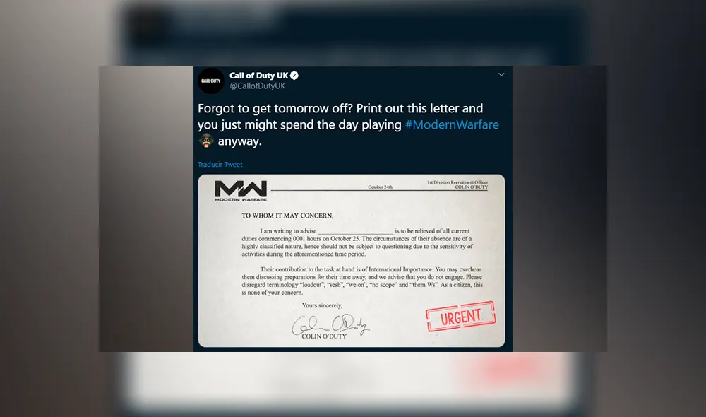 ¿Quieres faltar a donde tengas que ir para quedarte en casa jugando Call of Duty Modern Warfare? Activision tiene la solución.