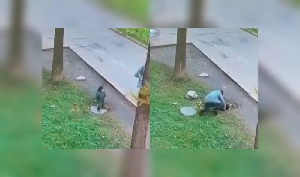 Niño cae a alcantarilla y madre lo salva de inmediato. Foto: Captura/Agencia RIA