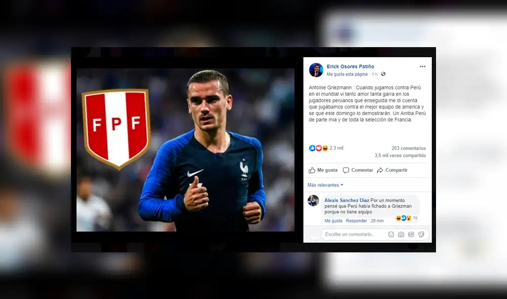 En redes sociales se ha vuelto viral un supuesto mensaje del francés Antoine Griezmann a la selección peruana.