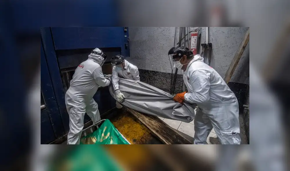 Empleados del panteón Iztapalapa ingresan los restos de una víctima por COVID-19 a un horno en el crematorio. Foto: AFP/Pedro Pardo