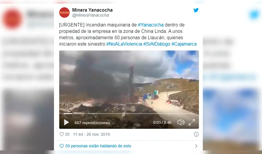 Minera Yanacocha informó a través de su cuenta de Twitter.