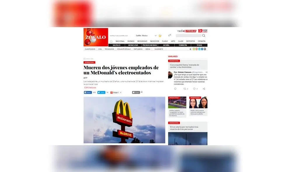 Zócalo en México: Mueren dos jóvenes empleados de un McDonald's electrocutados. Foto: captura