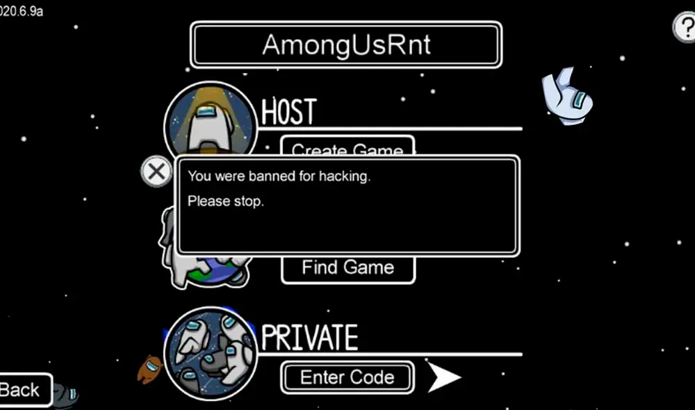 El mensaje que reciben todos los usuarios que hacen trampa en Among Us. Foto: Among Us