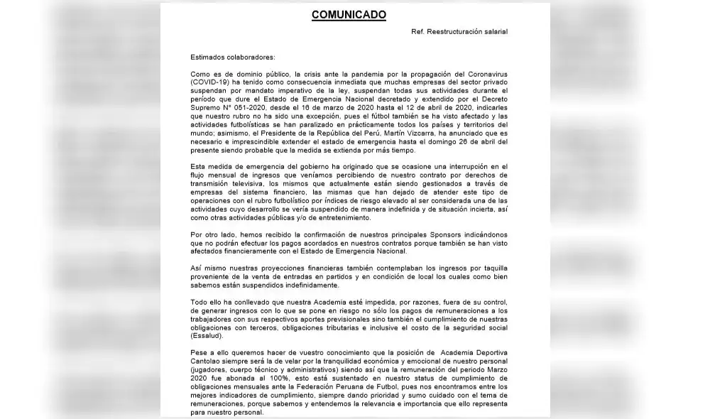 Cantolao propone reducir hasta 50% del salario a jugadores