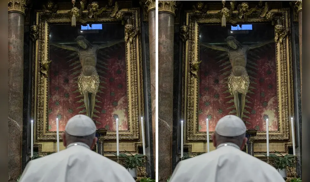 El papa Francisco acudió a una iglesia del centro de Roma para rezar ante pandemia. Foto: AFP.