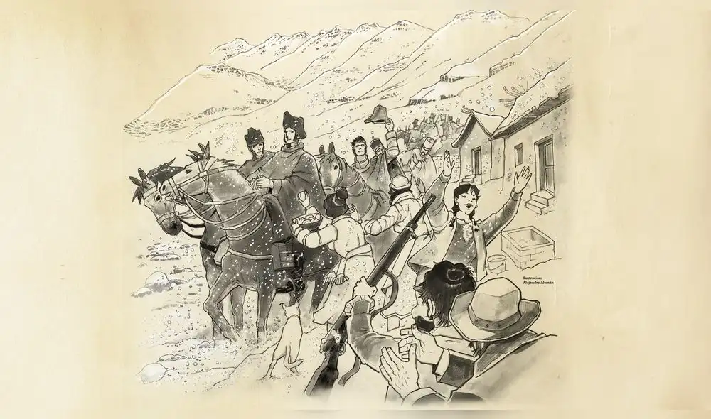 TOCAR LA GLORIA A 4.300 METROS DE ALTURA. Con 680 soldados y 500 guerrilleros, el ejército patriota comandado por el argentino Álvarez de Arenales derrotó al ejército realista, una fuerza de 800 hombres, en la batalla de
Cerro de Pasco, el 6 de diciembre de 1820. Entre los oficiales enemigos capturados: Andrés de Santa Cruz.
Ilustración: Alejandro Alemán TOCAR LA GLORIA A 4.300 METROS DE ALTURA. Con 680 soldados y 500 guerrilleros, el ejército patriota comandado por el argentino Álvarez de Arenales derrotó al ejército realista, una fuerza de 800 hombres, en la batalla de
Cerro de Pasco, el 6 de diciembre de 1820. Entre los oficiales enemigos capturados: Andrés de Santa Cruz.
Ilustración: Alejandro Alemán