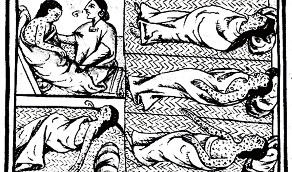 Epidemia. Ilustración tipo códice mexicano de nativos afectados por la mortal viruela.
