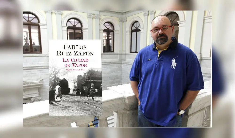 Recordado escritor español Carlos Ruiz Zafón. Al lado, portada de su libro póstumo.