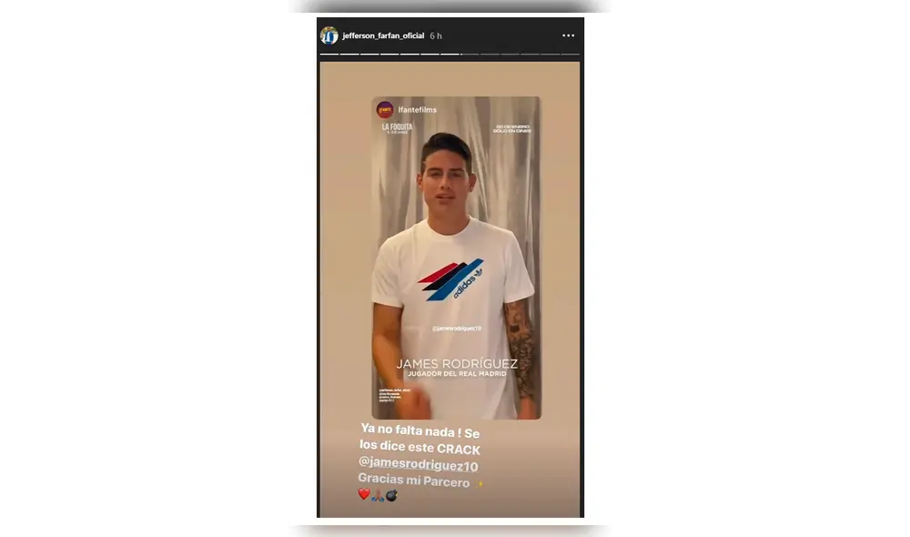 James Rodríguez invita a los hinchas a ver la película de Jefferson Farfán. James Rodríguez invita a los hinchas a ver la película de Jefferson Farfán.