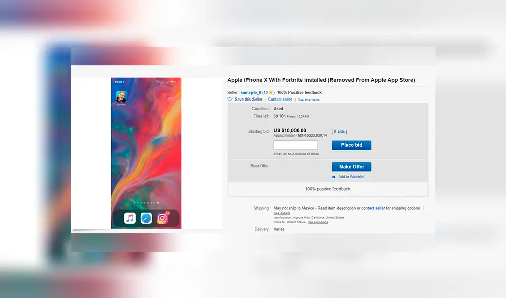 Usuario vende iPhone X con Fortnite instalado en eBay. Foto: eBay.