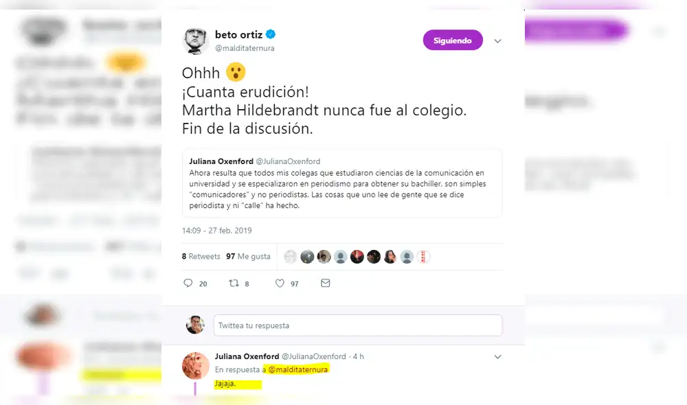 Beto Ortiz lanza comentario irónico tras la respuesta de Juliana Oxenford a un 'hater'