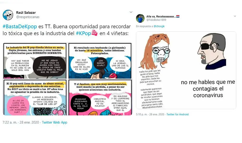 Tuits criticando al K-pop. Captura Twitter