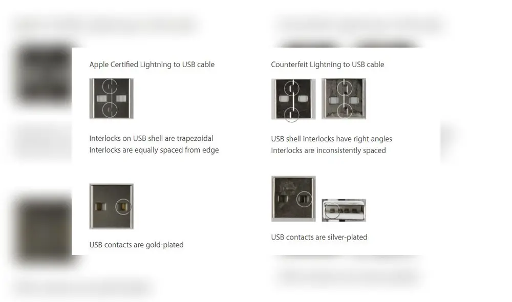 Desliza para ver las diferencias entre un cargador original de uno falso. Foto: Apple.