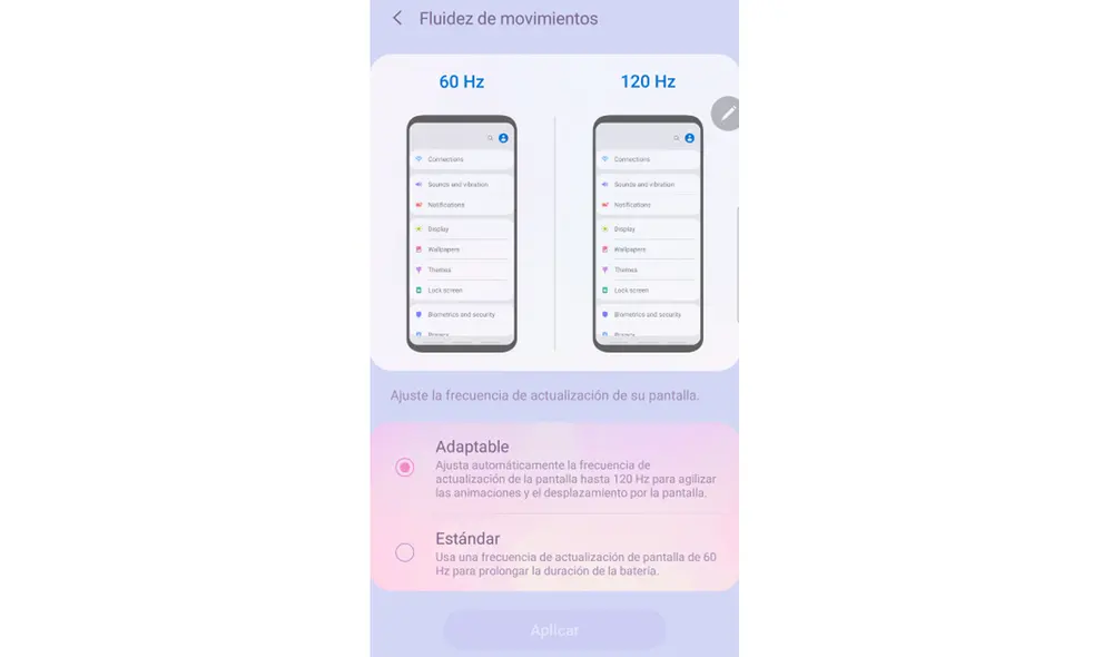 Opciones de pantalla Adaptativa (hasta 120Hz) y pantalla Estándar (60Hz). Foto: Carol Larrain