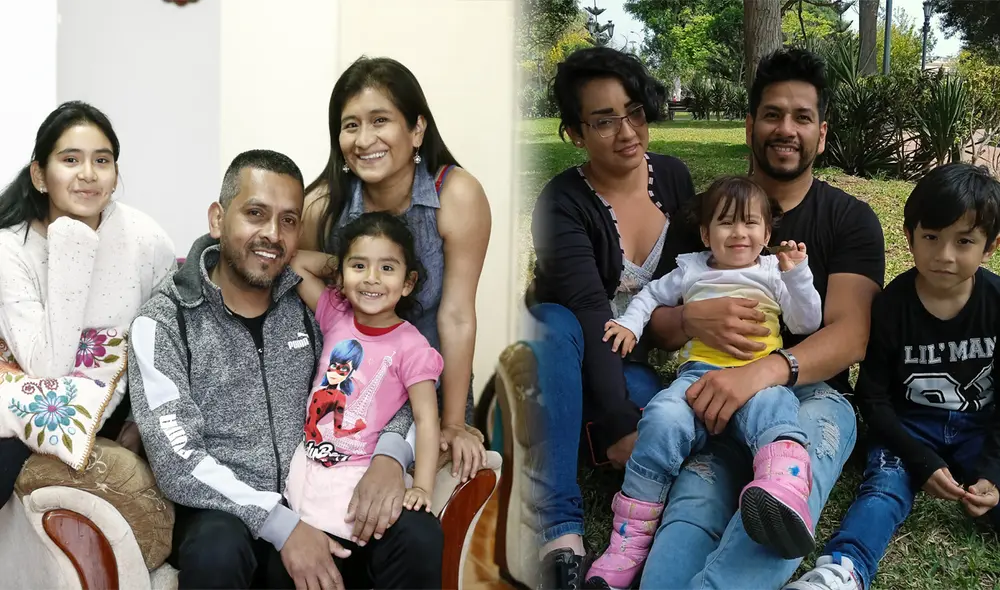 (Izquierda) Nilton Córdova rodeado de su esposa y sus dos hijos. (Derecha) Miguel Meléndez, su esposa, Miriam Manco, y sus dos niñas. Foto: Marco Cotrina/La República