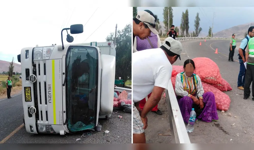 Camión que transportaba personas y sacos de papas sufrió volcadura. Camión que transportaba personas y sacos de papas sufrió volcadura.