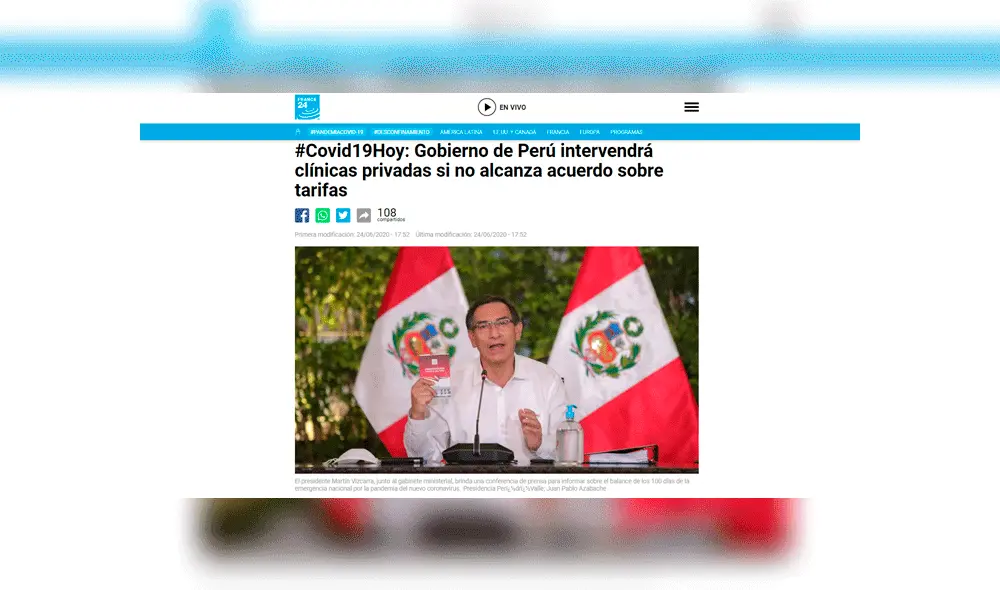 Algunos de los titulares de la prensa mundial sobre el anuncio de Vizcarra. Foto: captura France 24. Algunos de los titulares de la prensa mundial sobre el anuncio de Vizcarra. Foto: captura France 24.