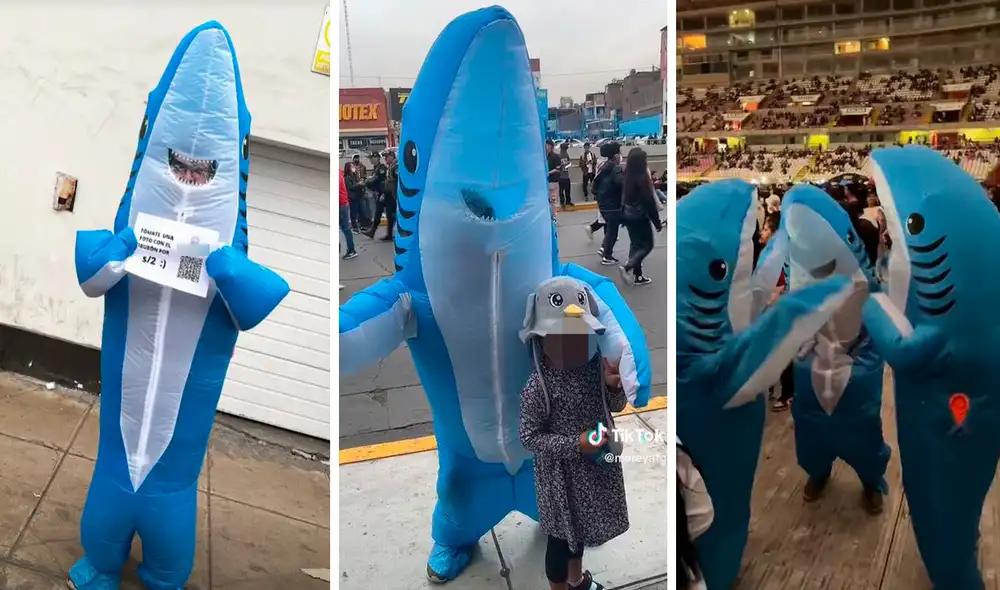 Ni bien hizo su cola para ingresar al Estadio Nacional, él llamó la atención de los asistentes y se unió a otros tiburones. Foto: composición LR/TikTok/@mereyafg