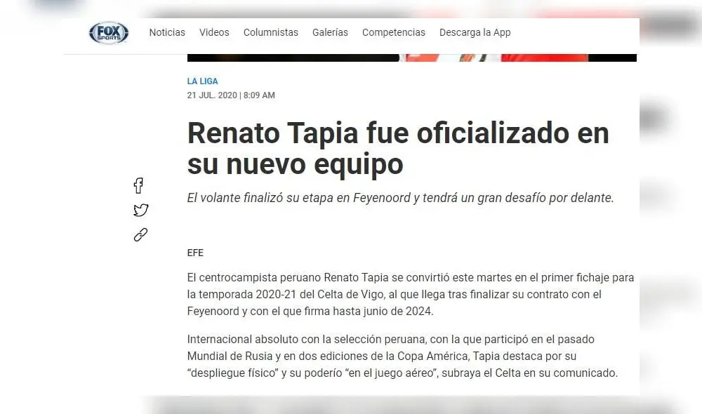 Renato Tapia: reacción de los medios a su llegada a Celta de Vigo. Foto: Fox Sports