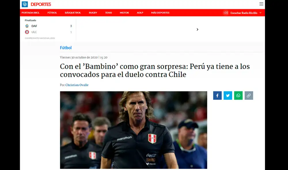 Así informó Bío-Bío sobre la convocatoria de Gianluca Lapadula. Foto: Captura