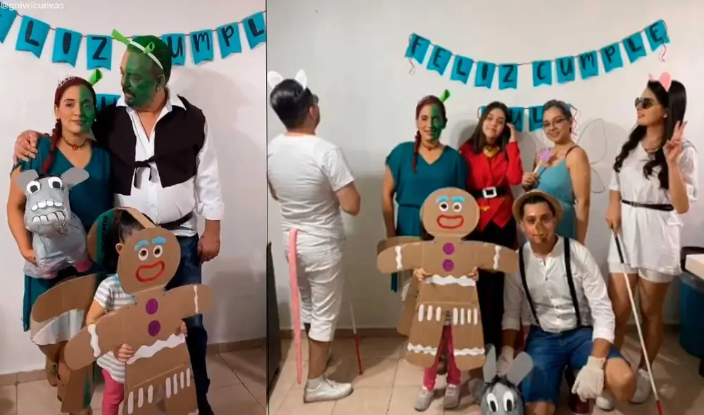 Desliza las imágenes para ver la singular sesión fotográfica que tuvo esta familia fan del ogro Shrek Foto: Captura de TikTok/Irving Cuevas
