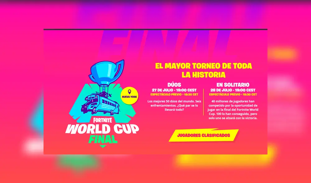 Mira EN VIVO las finales de la Fortnite World Cup, el mundial del Battle Royale con más de 30 millones de dólares en premios. Conoce aquí todos los horarios. Mira EN VIVO las finales de la Fortnite World Cup, el mundial del Battle Royale con más de 30 millones de dólares en premios. Conoce aquí todos los horarios.