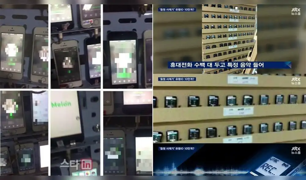 Las investigaciones de sajaegi han sacado a la luz fotos como estas, en las que se ve numerosos celulares con canciones en reproducción automática.