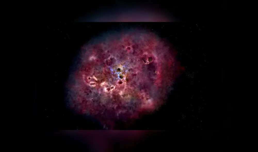 La galaxia ultramasiva XMM-2599. Crédito: NRAO/NSF/NASA/ESA.