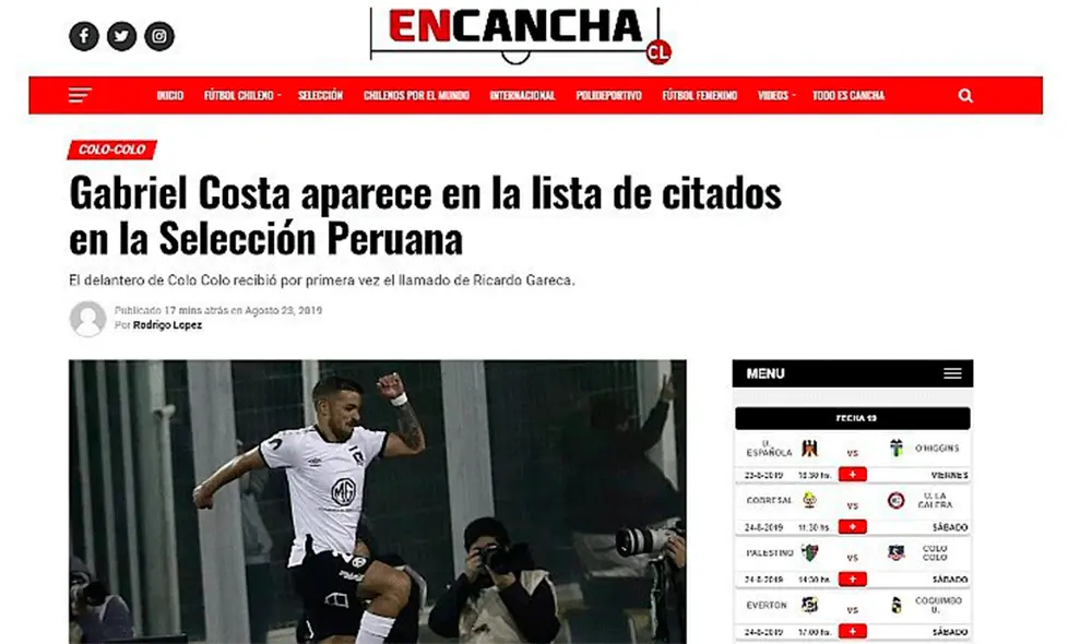 Así informó la prensa chilena sobre la convocatoria de Gabriel Costa a la selección peruana.