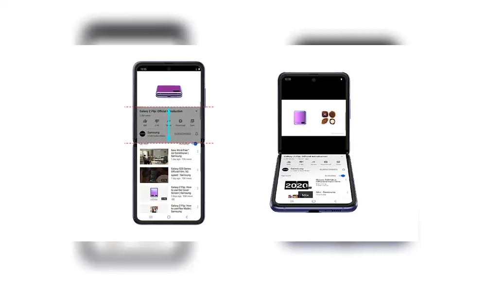 YouTube aprovecha el sistema plegable del Galaxy Z Flip con la pantalla dividida.