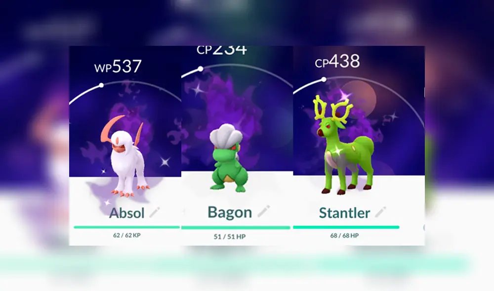 Absol, Bagon y Stantler son los nuevos pokémon oscuros shiny por el evento de navidad en Pokémon GO. Absol, Bagon y Stantler son los nuevos pokémon oscuros shiny por el evento de navidad en Pokémon GO.