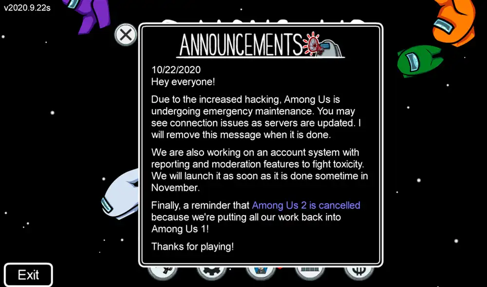 InnerSloth lanza comunicado anunciando el mantenimiento de Among Us, por ataque de hackers. Foto: InnerSloth