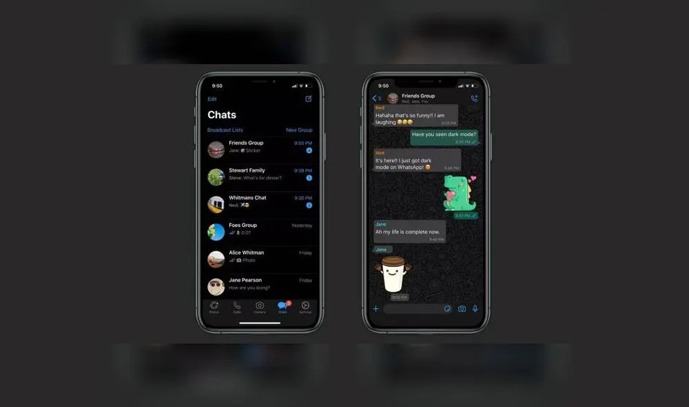 El 'modo oscuro' de WhatsApp en teléfonos iOS.