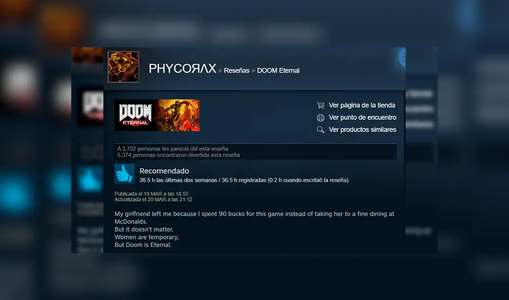 Usuario reveló que su novia terminó con él su relación por comprar Doom Eternal en lugar de invitarla a comer. Usuario reveló que su novia terminó con él su relación por comprar Doom Eternal en lugar de invitarla a comer.