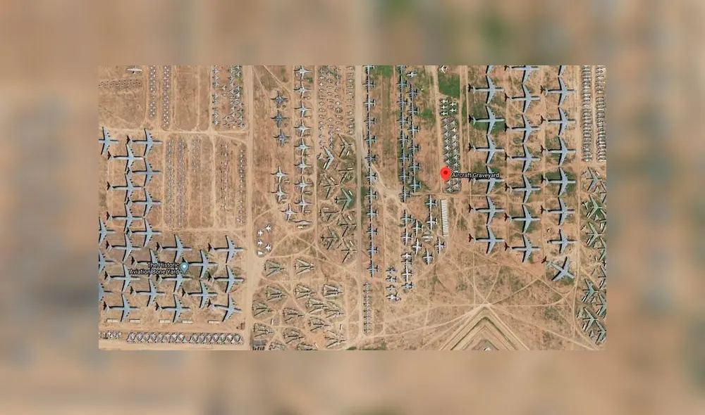Desliza las imágenes para ver cómo luce el 'cementerio' de aviones ubicado en Arizona, Estados Unidos. Foto: Google