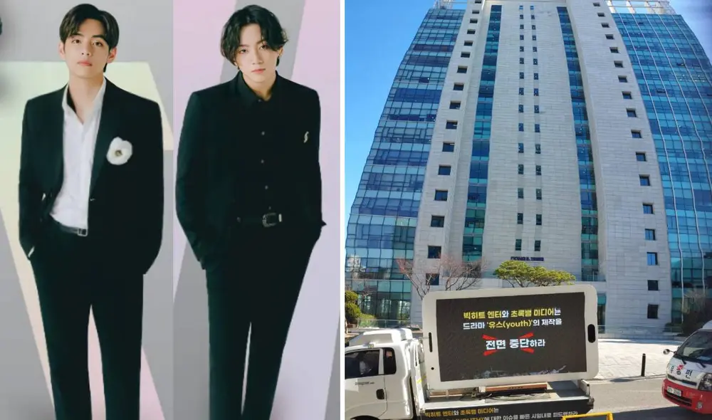 Protesta de los fans de BTS en las afueras de Big Hit Entertainment por proyectos relacionados a los idols. Foto: composición Big Hit / THEQOO