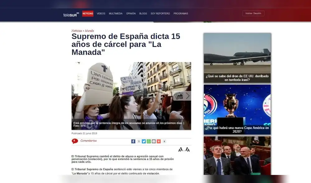 Así informa la prensa internacional sobre el fallo en el caso La Manada. Foto: Captura.