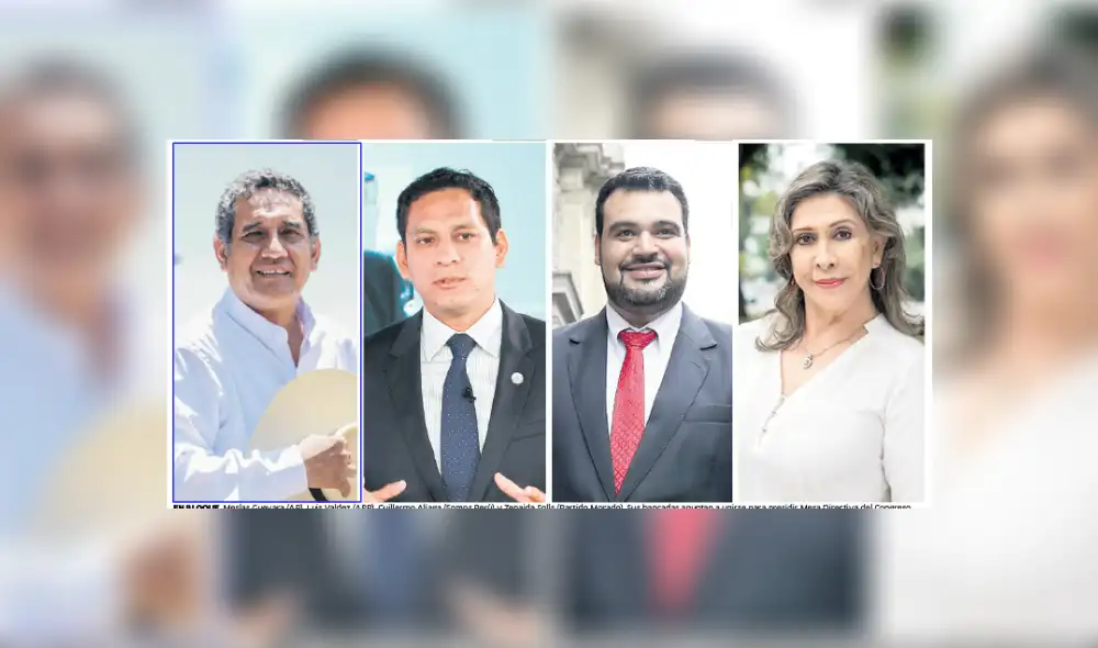 En bloque. Mesías Guevara (AP), Luis Valdez (APP), Guillermo Aliaga (Somos Perú) y Zenaida Solís (Partido Morado). Sus bancadas apuntan a unirse para presidir Mesa Directiva del Congreso. En bloque. Mesías Guevara (AP), Luis Valdez (APP), Guillermo Aliaga (Somos Perú) y Zenaida Solís (Partido Morado). Sus bancadas apuntan a unirse para presidir Mesa Directiva del Congreso.