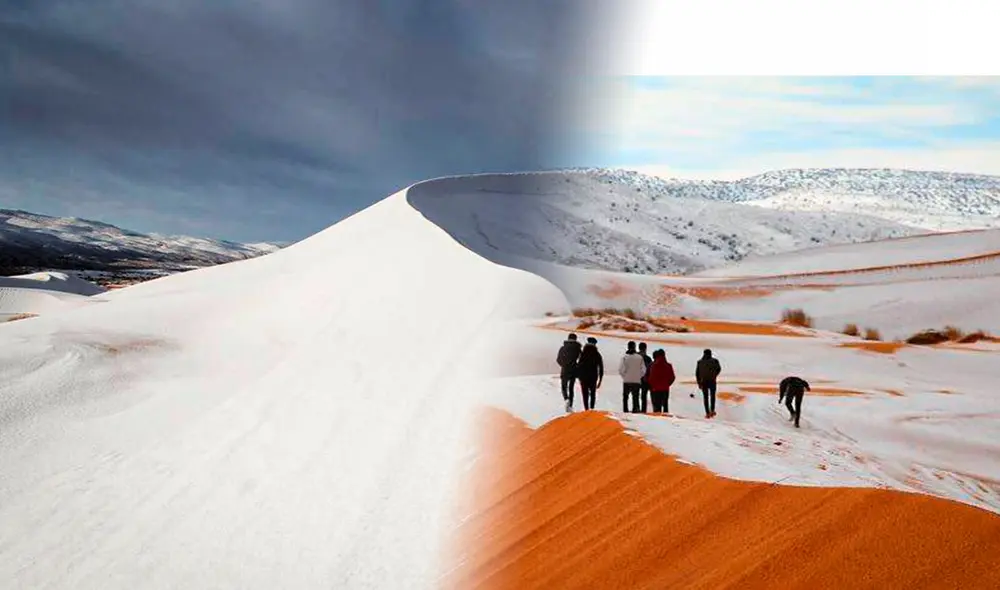 En 2018, se registró una gran cantidad de nieve en el desierto del Sahara. Foto: composición RL/Zinnedine Hashas/Twitter En 2018, se registró una gran cantidad de nieve en el desierto del Sahara. Foto: composición RL/Zinnedine Hashas/Twitter
