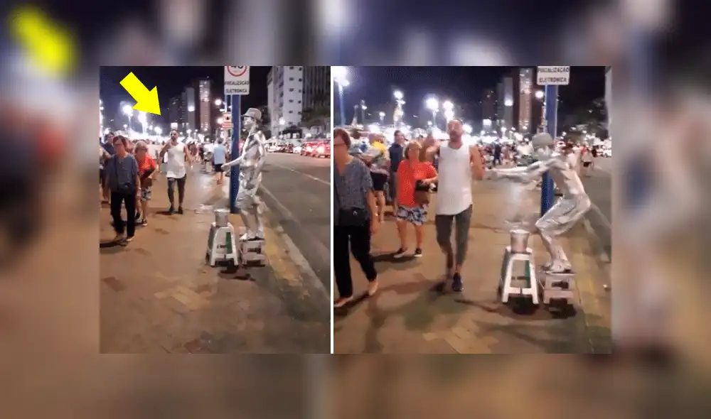 Facebook viral: estatua humana asusta a joven distraído con su celular y este tiene divertida reacción [VIDEO]