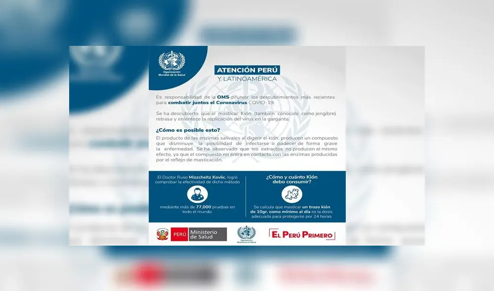 El supuesto documento oficial afirma que un reciente descubrimiento de la OMS recomienda masticar kión para evitar la infección de coronavirus. El supuesto documento oficial afirma que un reciente descubrimiento de la OMS recomienda masticar kión para evitar la infección de coronavirus.