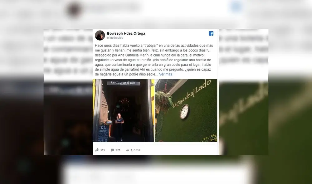 Mesero denunció haber sido despedido por invitar un vaso con agua a niño pobre