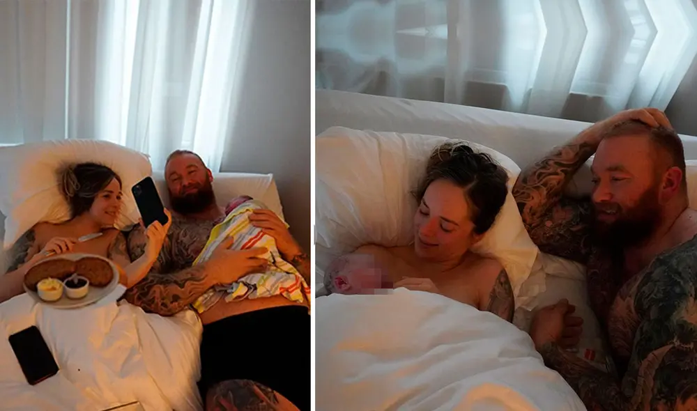 El actor de 'Game of Thrones' Hafthor Bjornsson y su esposa Kelsey después del parto. Crédito: Instagram