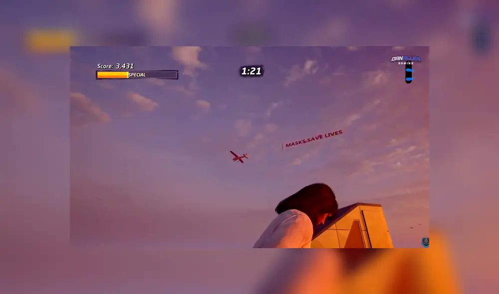 "Las mascarillas salvan vidas" se lee en el mensaje que lleva el aeroplano. Fotocaptura: Dan Allen Gamer. "Las mascarillas salvan vidas" se lee en el mensaje que lleva el aeroplano. Fotocaptura: Dan Allen Gamer.