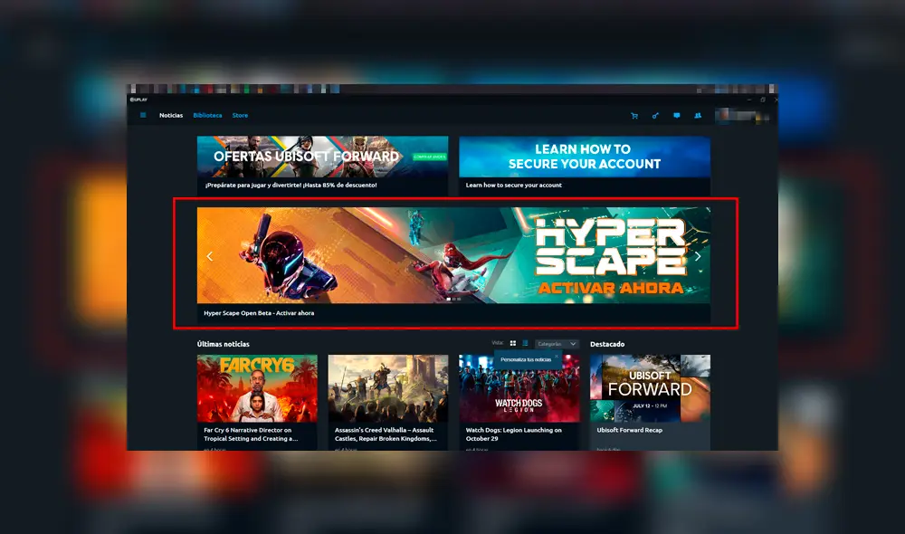 Instálalo descargando Uplay en tu PC. Crea una cuenta y al abrirlo dale clic al botón grande de Hyper Scape.