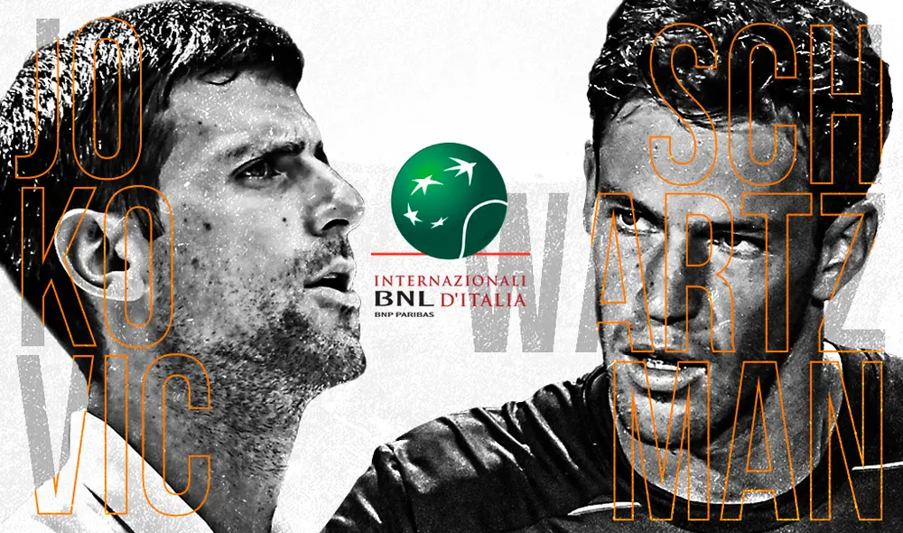 Novak Djokovic y Diego Schwartzman se miden en la final del Abierto de Italia. Composición: Fabrizio Oviedo