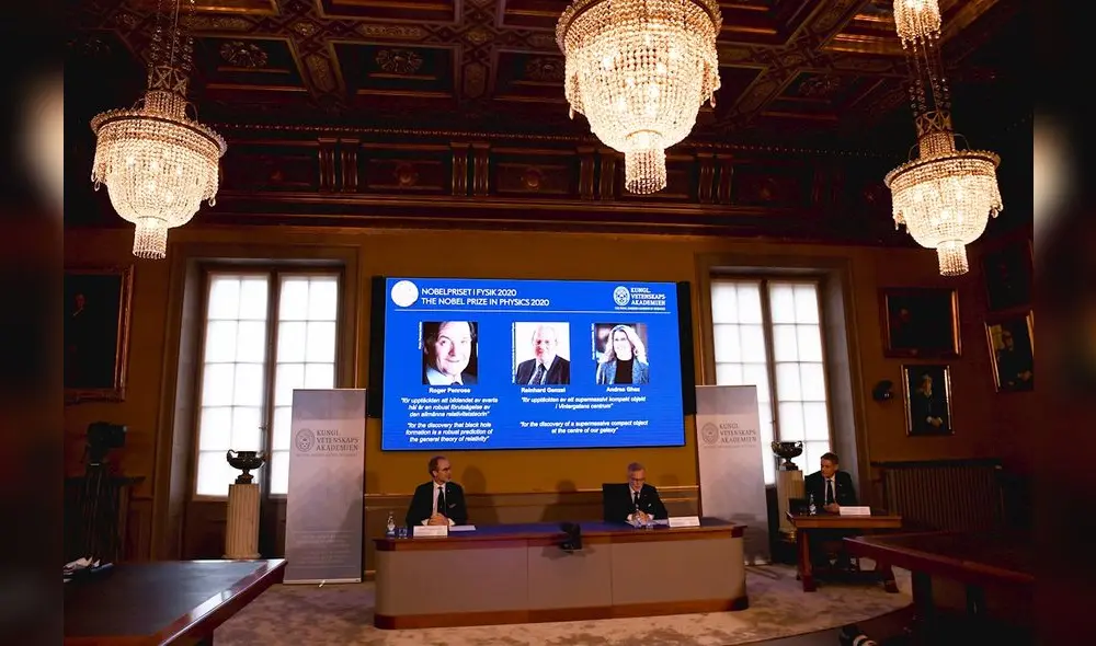 La Real Academia de las Ciencias Sueca anuncia a los investigadores Roger Penrose, Reinhard Genzel y Andrea Ghez como los galardonados con el premio Nobel de Física 2020. Foto: EFE/Fredrik Sandberg