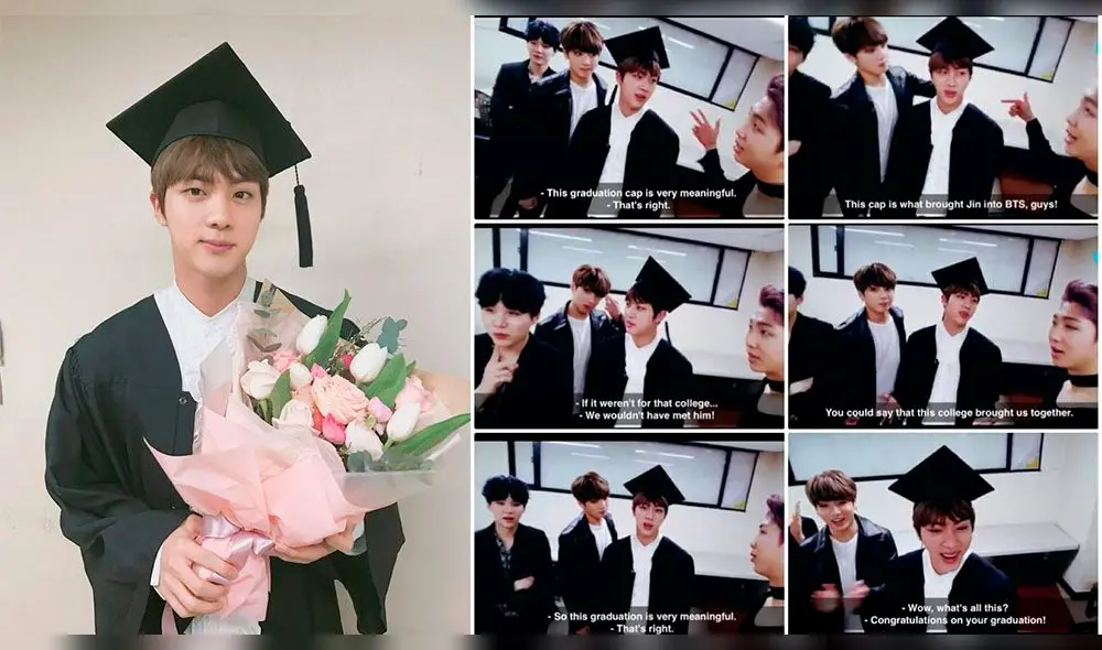 Jin no pudo asistir a su ceremonia de graduación, pero celebró junto a sus miembros en el backstage de los Gaon Charts Awards en el 2017