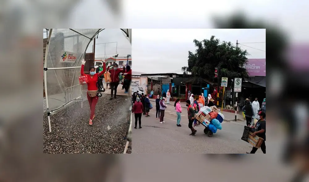 Al pasar por el túnel, los compradores son desinfectados para evitar el contagio del nuevo coronavirus.