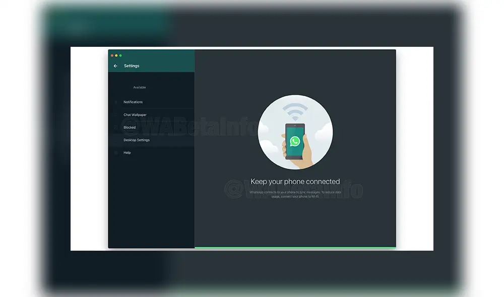 Pantalla principal en modo oscuro de la aplicación de WhatsApp para escritorio.